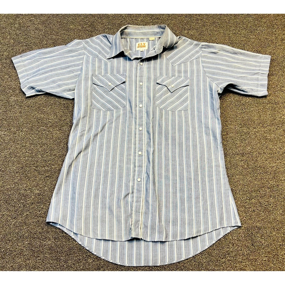 Vintage Ely Cattleman Western Shirt Mens Medium Blue Striped Cotton Peaked Yoke